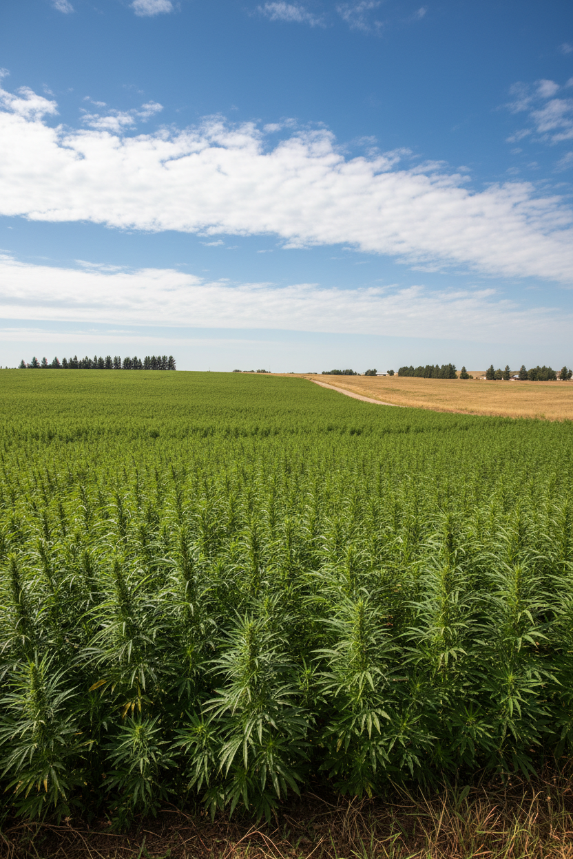 A vast field of green hemp plants stretches toward a distant line of trees under a bright blue sky with scattered clouds.
